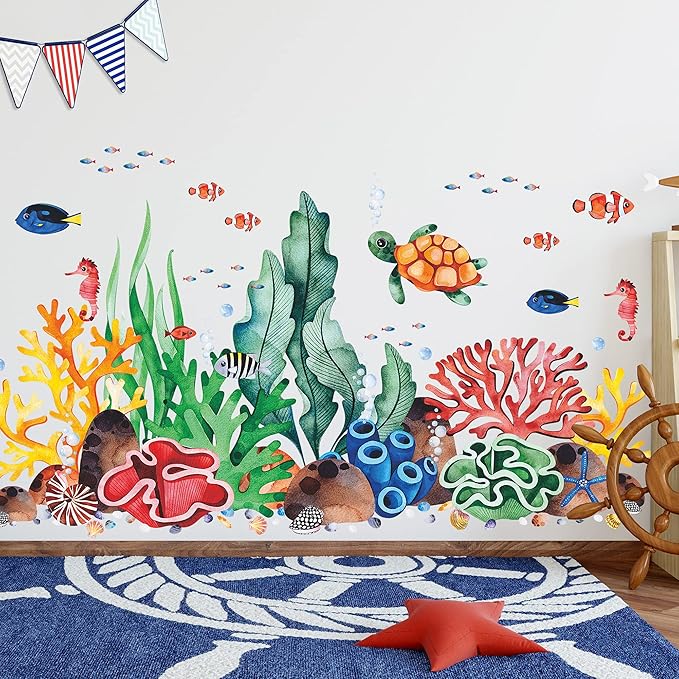 LiveGallery Coral Seaweed Wall Sticker Ocean Life Wall Decals Shell Conch Hippocampus Sea Turtle Tropical Fish Marine Plants Wall Decorations for Kids Bedroom Living Room Nursery Office