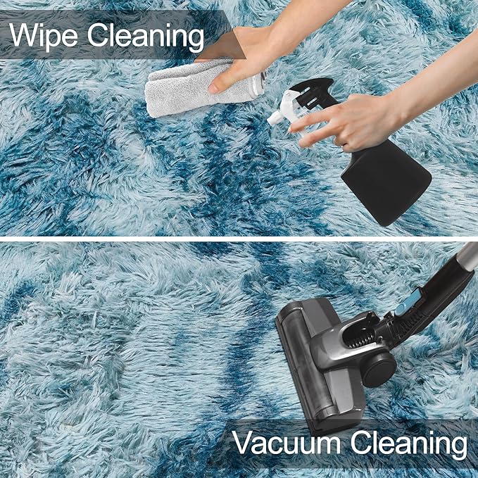 2x8 ft Plush High Pile Blue Tie-Dyed Rug Fluffy Soft Runner Bedside Rug for Bedroom Living Room Hallway Nursery Kids Home Decor Shag Carpet