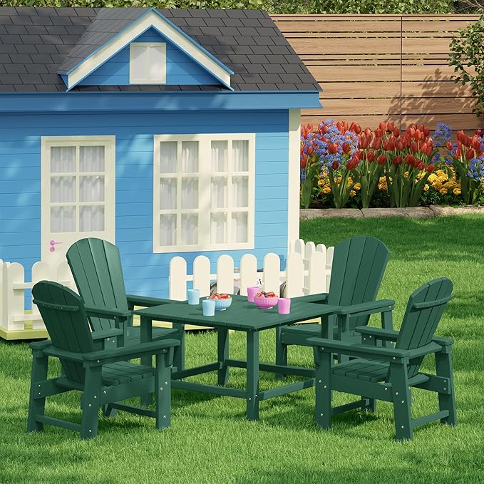 Costaelm Paradise Kids 5-Piece HDPE Outdoor Square Patio Dining Table and Chairs Set, Dark Green