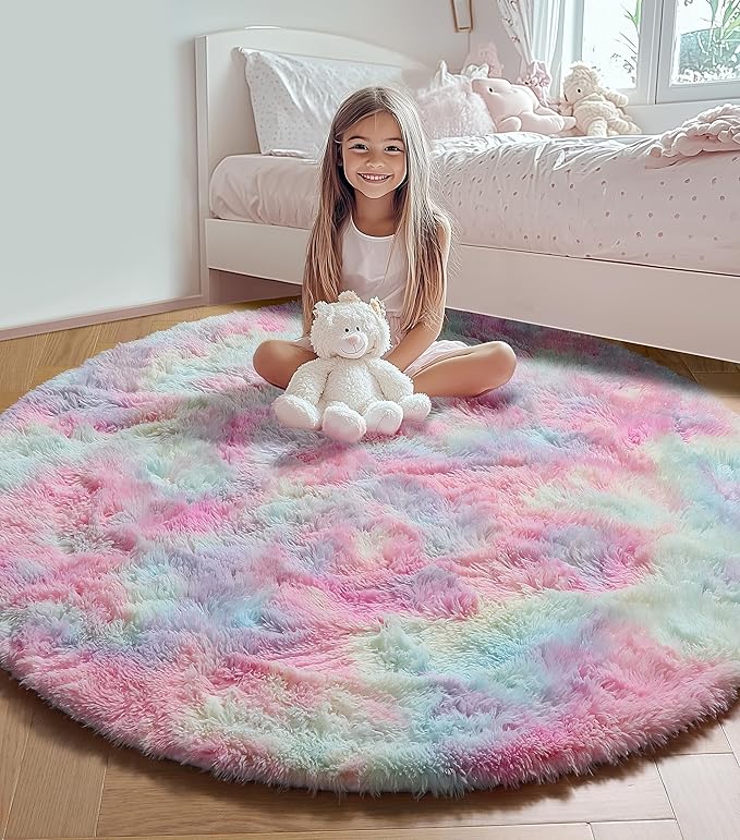 ONASAR Rainbow Round Area Rug 4ft, Soft Bedroom Circle Rugs Mats for Kids Girls Teen Room, Kawaii Fluffy Plush Shaggy Carpet for Baby Nursery Living Room Playroom Home Decor Princess Castle
