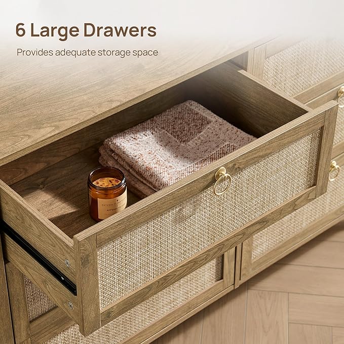 SICOTAS 6 Drawer Dresser for Bedroom - 51" Wide Rattan Dressers Chest of Drawers for Closet, Larger Storage Cabinet Farmhouse Boho Dresser TV Stand for Living Room, Hallway (Carbon Cherry)
