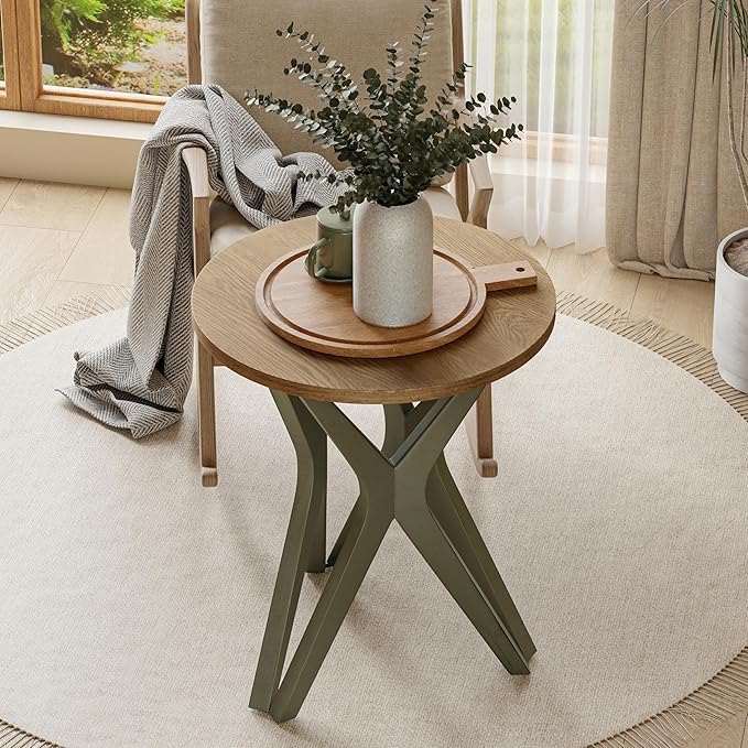 LONYKE Pedestal Farmhouse End Table, Distressed Top with Tripod Base Bedside Table for Living Room, Modern, Boho, Round, Sage Green