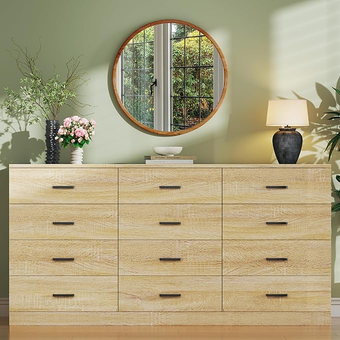 60 Inch 12 Drawer Dresser for Bedroom, Long Mid Century Modern Dressers, Wood Vintage Chests of Drawers TV Stand up to 65", Large Storage Organizer for Bedroom, Closet, Entryway, Natural