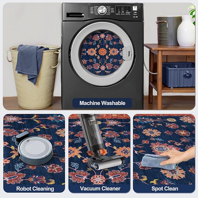 Tangsoo Floral Area Rug 6x9 Machine Washable Red Blue Rug Non-Slip Vintage Distressed Boho Print, Low Pile Carpet for Living Room, Bedroom, Dining Room, Pet & Child Friendly (Red Blue)