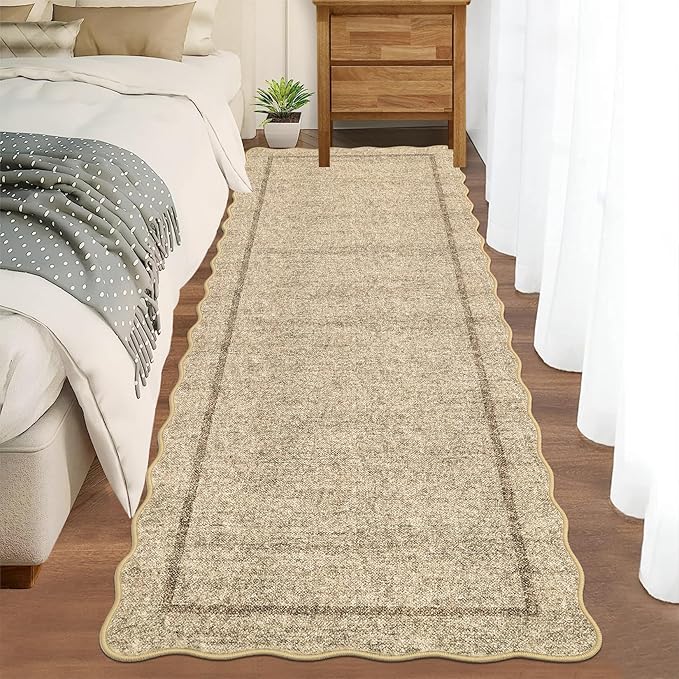 GarveeHome Scalloped Washable Runner Rug 2x6 Runner Modern Kitchen Runner Rug Non Slip Farmhouse Entryway Rug Soft Bathroom Rugs Stain Resistant Carpet for Laundry Bedroom 2 ft x6 ft Jute