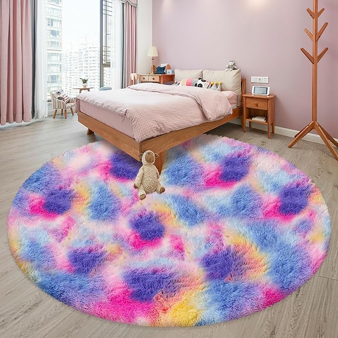 Fluffy 8 ft Large Round Pink Rainbow Area Rugs for Girls Bedroom, Colorful Soft Shaggy Circular Rug Plush Fluffy Big Carpet Fuzzy for Nursery Baby Room Playroom Cute Dorm Iving Room Home Decor