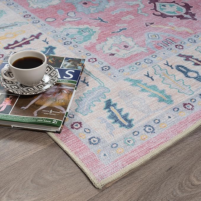 Fame Rugs Pink Modern Oushak Rug 3x5, Washable Vintage Turkish Colorful Oriental Antique Inspired Foldable Small Area Rugs, Luxury Living Room Bedroom (385PB, 2'6" x 5')