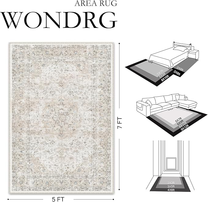 2x8 Washable Vintage Runner Rug for Living Room Bedroom Beige Grey Soft Tranditional Non Slip Runner Rug Lightweight Floral Low Pile Distressed Runner Kitchen Hallway Bedroom