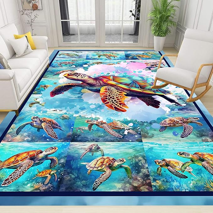 Turtle Area Carpet, 4x5ft, Colorful Ocean Themed Sea Turtle Floor Rugs, Blue Underwater Painting Rugs for Home Decoration, Fade Resistant Soft Foldable Mats for Dorm Family Entrance