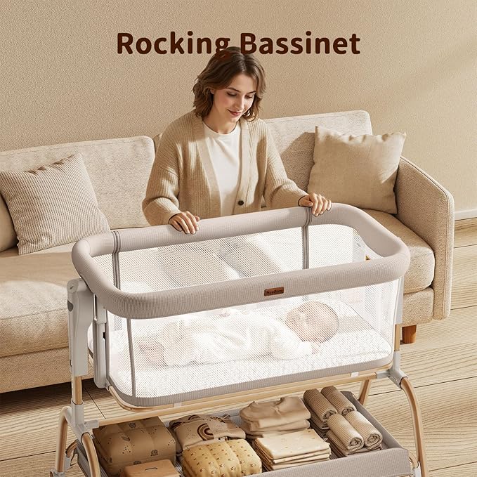 NeoBorn 3 in 1 Baby Bassinet, Bedside Bassinet for Baby, Rocking Bassinet with Breathable Full-Mesh, Mattress and Soft Sheet, Adjustable Height, Stable and Secure Crib for Newborns