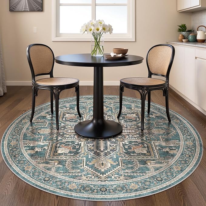WITSHOCK 6Ft Teal Round Washable Area Rugs - Vintage Boho Distressed Oriental Farmhouse - Non Slip Low Pile Circle Carpet for Living Room Bedroom Kitchen Dining Room, Foldable Soft Pet Friendly Rug