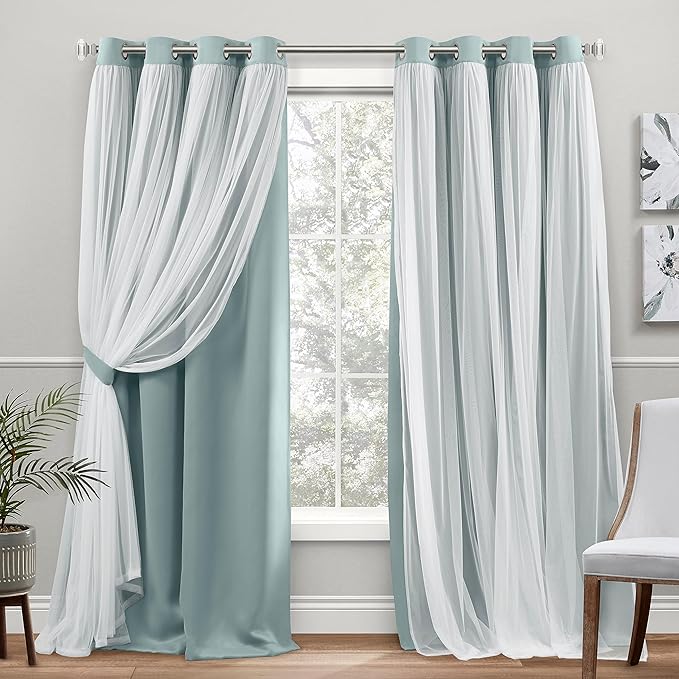 TOWN & COUNTRY LUXE Talia Double Layer Indoor Curtains, Sheer and Room Darkening Blackout, Grommet Top, Energy Efficient, 2-Pack Set, 52"x84", Mint Green