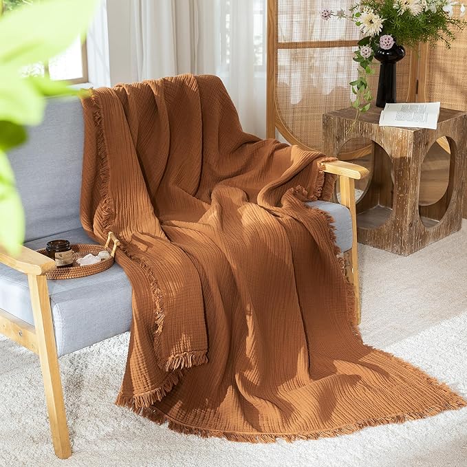 MooMee Muslin Blanket - 100% Cotton 4-Layer Gauze Throw Blanket with Tassels Ultra-Soft Breathable Lightweight Cooling for Bed Couch (Drak Orange,Oversized Queen 98" x 98")
