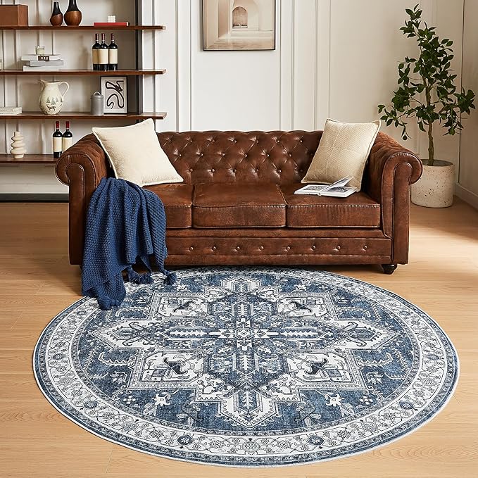 WITSHOCK 6Ft Blue Round Washable Area Rugs - Vintage Boho Distressed Oriental Farmhouse - Non Slip Low Pile Circle Carpet for Living Room Bedroom Kitchen Dining Room, Foldable Soft Pet Friendly Rug