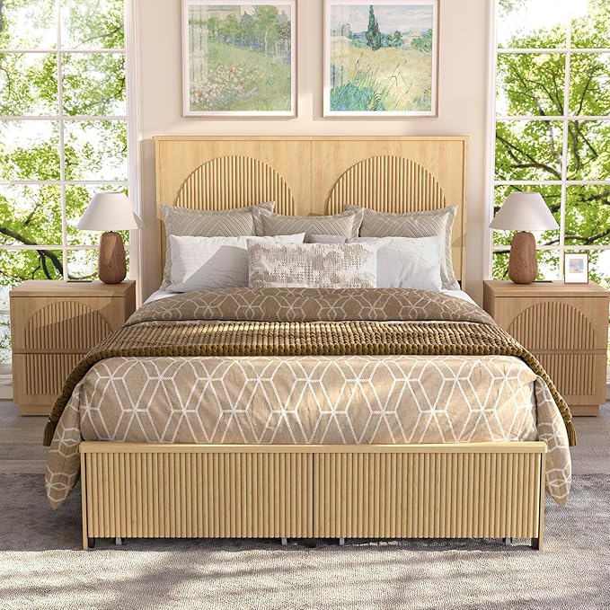 XIAOWEI Queen Size Bed Frame with 52.4" Tall Headboard 2 Storage Drawers,Fluted Sturdy Wooden Frame with Underbed Storage,No Box Spring Needed Platform Bed,Easy Assembly Low Profile Bed Frame,Natural
