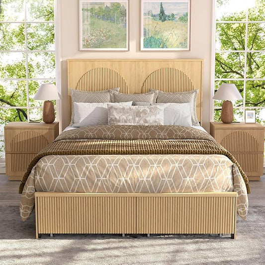 XIAOWEI Queen Size Bed Frame with 52.4" Tall Headboard 2 Storage Drawers,Fluted Sturdy Wooden Frame with Underbed Storage,No Box Spring Needed Platform Bed,Easy Assembly Low Profile Bed Frame,Natural