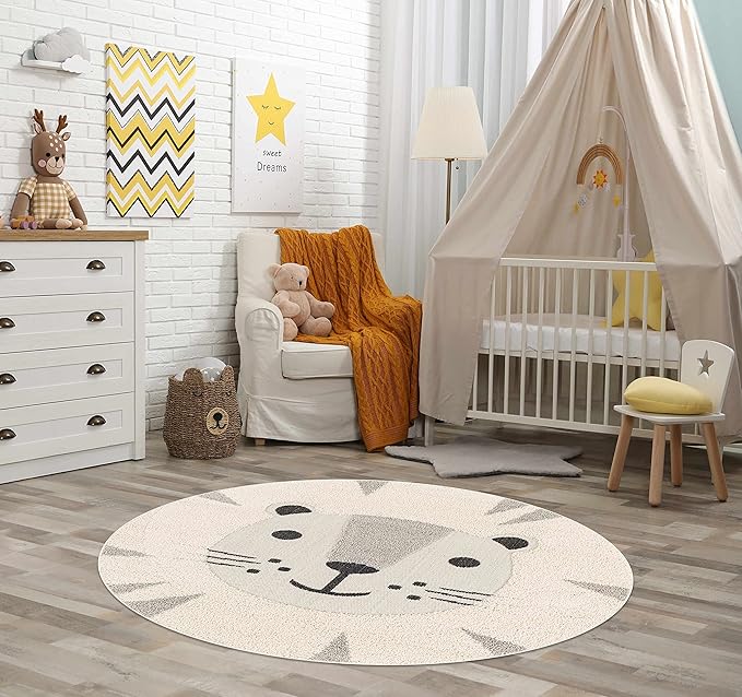 Hauteloom Kids Room, Nursery Round Area Rug - Outdoor Patio Safe - Animal Baby Lion Playroom Carpet - Beige, Gray, Black, Cream - 7'10"