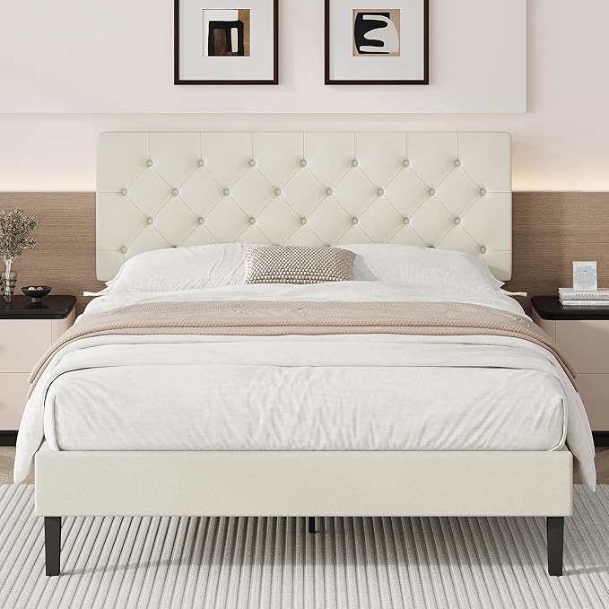 BarnFurin Full Bed Frame, Upholstered Platform Bed with Button Tufted Headboard, Fabric Bed Frame with Wooden Slats Support, No Box Spring Required, Easy Assembly, Cream