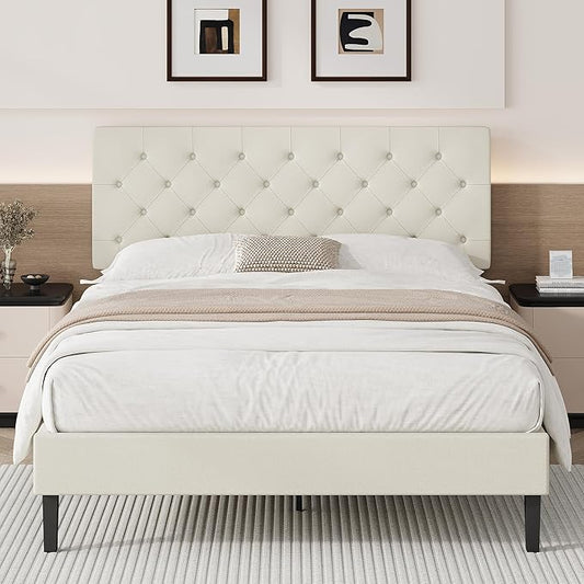 BarnFurin Queen Bed Frame, Upholstered Platform Bed with Button Tufted Headboard, Fabric Bed Frame with Wooden Slats Support, No Box Spring Required, Easy Assembly, Cream