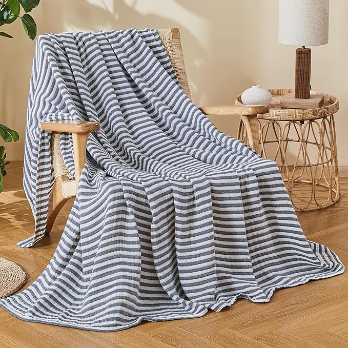 EMME Cotton Muslin Queen Blanket Bed Layering Bedspread Coverlet Breathable Gauze Soft Lightweight Adults (Striped Navy, 90"x90")