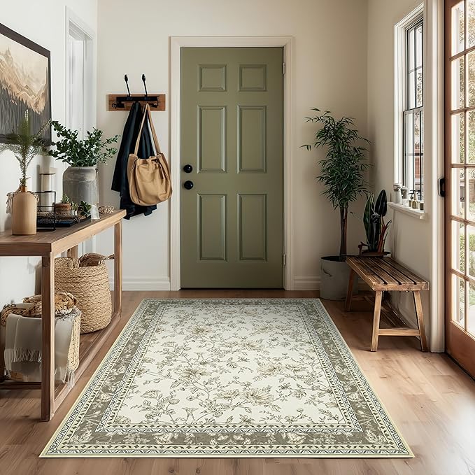 3x5 Beige Khaki Floral Area Rug for Entryway Soft Washable Modern Boho Farmhouse Rug Non-Slip Taupe Oatmeal Earth Tone Sketch Style Flower Vintage Aesthetic Carpet for Bedroom, Dining Room Door Mat