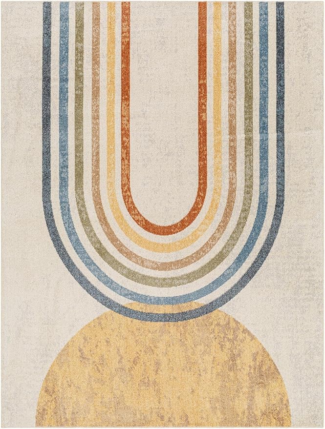 Mark&Day Washable Rugs, 5x7 Eliot Modern Beige Area Rug, Beige Orange Blue Carpet for Living Room, Bedroom or Kitchen (5'3" x 7', Machine Washable)