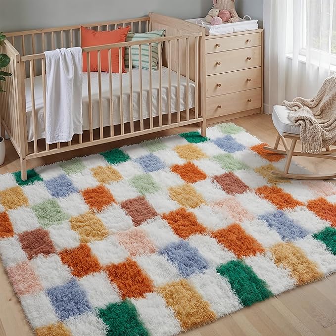 Checkered Rug 3x5 for Living Room, Modern Neutral Shag Rug Soft Washable Fluffy Rugs Indoor Fuzzy Carpet for Bedroom Home Dorm Aesthetic Decor