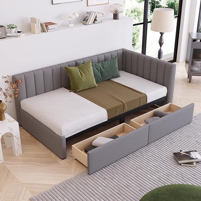 Harper & Bright Designs Upholstered Daybed with 2 Storage Drawers Twin Size Sofa Bed Frame No Box Spring Needed, Linen Fabric (Gray)