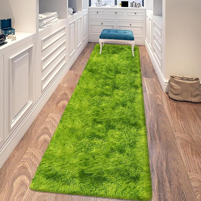 Grass Green Tie Dyed Rug 2x8 ft Plush High Pile Shag Carpet Fluffy Soft Runner Bedside Rug for Bedroom Living Room Hallway Nursery Kids Home Decor