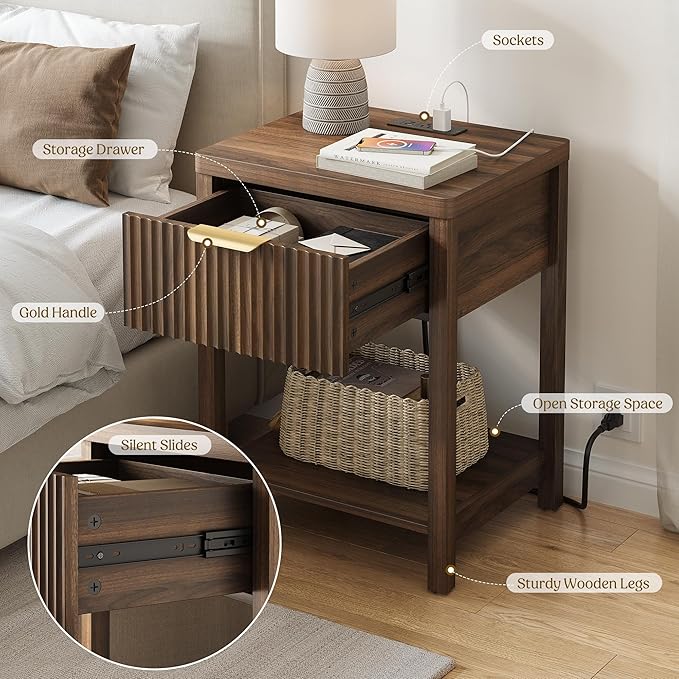 Lulive Night Stand Set 2, Fluted Nightstand with Charging Station, Wood Modern Bedside End Table with Storage Drawer for Bedroom, Save Space (Set of 2, Walnut)