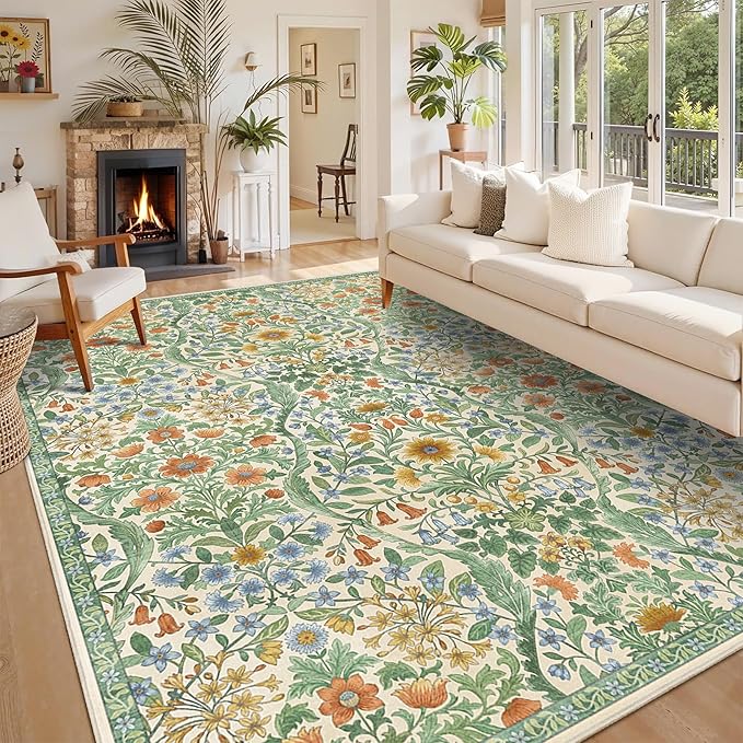 8x10 Washable Area Rug for Living Room, Large Vintage Grass Green Floral Rugs, Soft Non-Slip Stain Resistant Boho Lightweight Carpet for Bedroom Dining Room Nursery Home Office