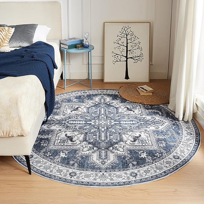 WITSHOCK 6Ft Blue Round Washable Area Rugs - Vintage Boho Distressed Oriental Farmhouse - Non Slip Low Pile Circle Carpet for Living Room Bedroom Kitchen Dining Room, Foldable Soft Pet Friendly Rug