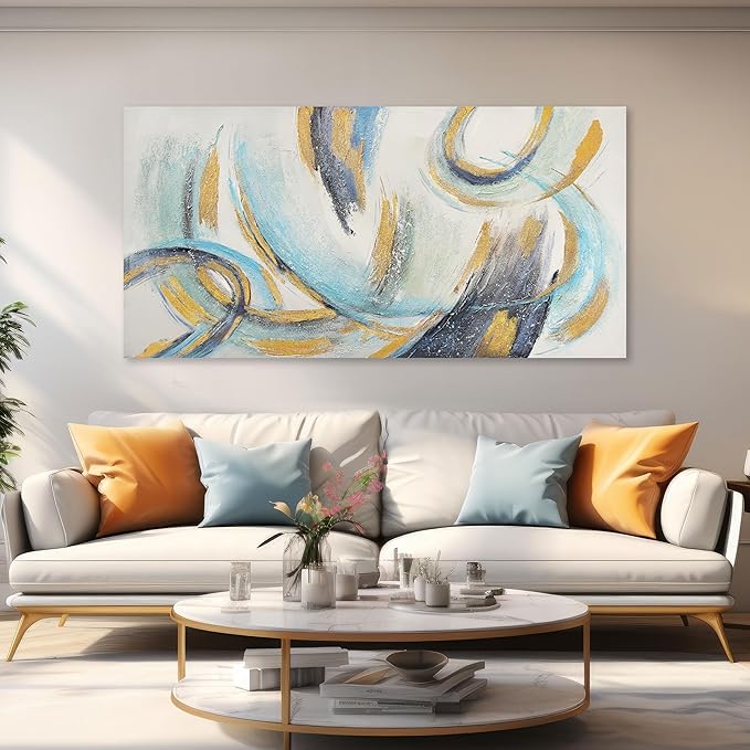 Glvzygy Abstract Wall Art Blue and Gold 24"x48" Canvas Wall Decor Frame Artwork Modern Home Wall Decor for Living Room, Bedroom, Office
