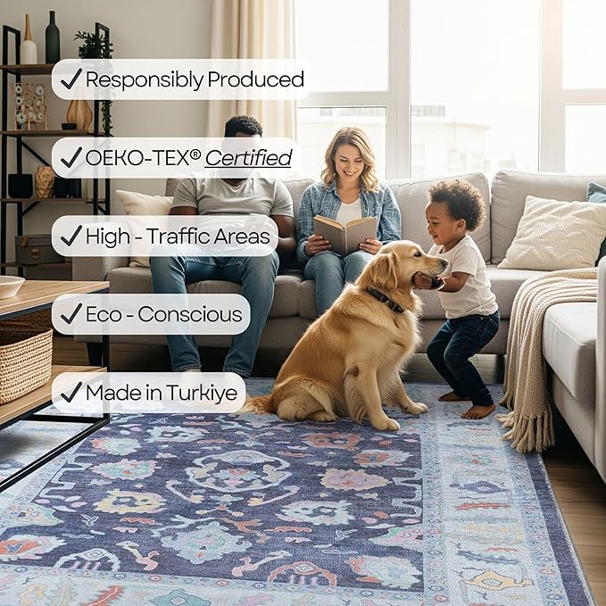 Fame Rugs Navy Blue Modern Oushak Rug 9x12, Vintage Turkish Colorful Oriental Washable Antique Inspired Oversize Area Rugs, Luxury Living Room Bedroom (386PBL, 9' x 12) (388NB, 9' x 12)
