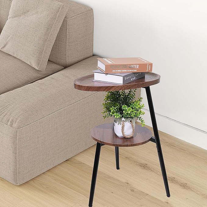Side Table Small End Table, Oval Round Wood Sofa Table, 2 Tier Accent Table Nightstand Bedside Table with Metal Frame for Living Room, Bedroom, Small Spaces (Rustic Brown)