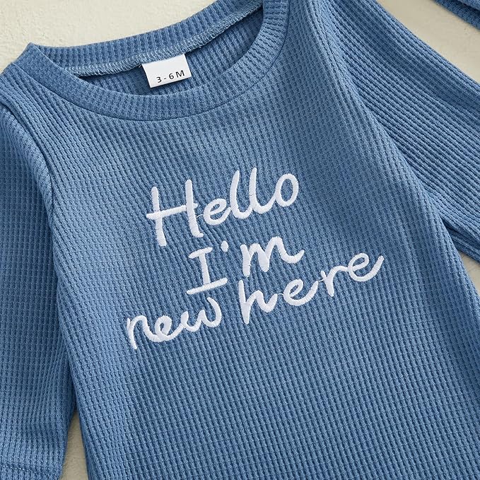 Hello I'm New Here Newborn Outfit Boy Letter Embroidery Waffle Knit Long Sleeve Footed Jumpsuit Coming Home Outfit Hat