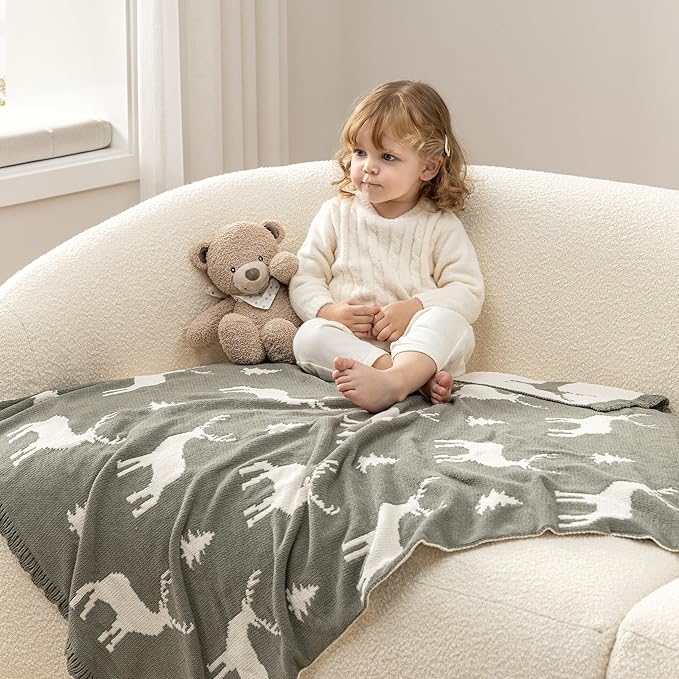 Berkshire Baby Blanket,Ultra-Plush Reversible Chenille Knit Toddler Blanket,Cute Pattern Nursery Crib Blanket,Ideal Baby Gift(30x40 Inches,Woodland Deer Farmhouse Sage)
