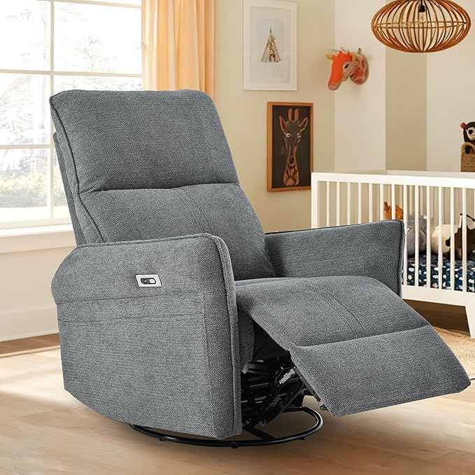 Power Swivel Rocker Recliner Chair for Nursery, Upholstered Snowflake Velvet 270°Swivel Glider Rocker Chair with USB Ports, Small Power Recliners for Small Spaces Living Room