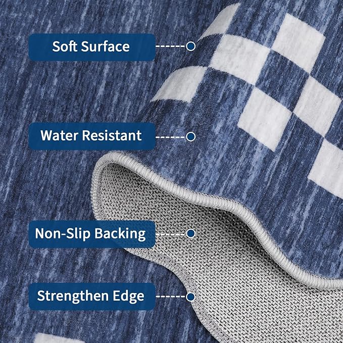 GarveeHome Scalloped Washable Rug 9x12 Area Rug for Living Room Modern Border Large Bedroom Throw Carpet with Rubber Backing Stain Resistant Boho Rug for Dining Room Home Decor Office, Blue