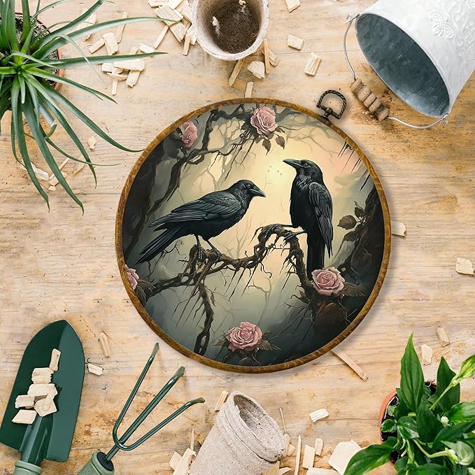 Hiuwevt Gothic Mystical Floral Two Ravens Round Wall Art Decor, Spooky Forest Black Crow Hanging Canvas Prints Artwork Framed, Dark Academia Goth Circular Wall Decor for Home Room, 10x10 Inch