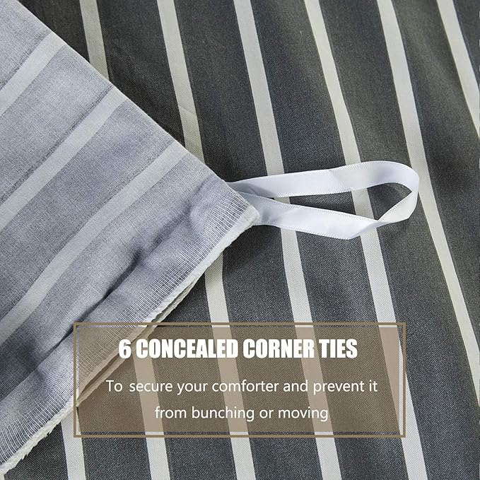 JELLYMONI 100% Natural Cotton 3pcs Striped Duvet Cover Sets, Dark Grey Duvet Cover with White Stripes Pattern Printed Comforter Cover, with Zipper Closure & Corner Ties(Full Size)