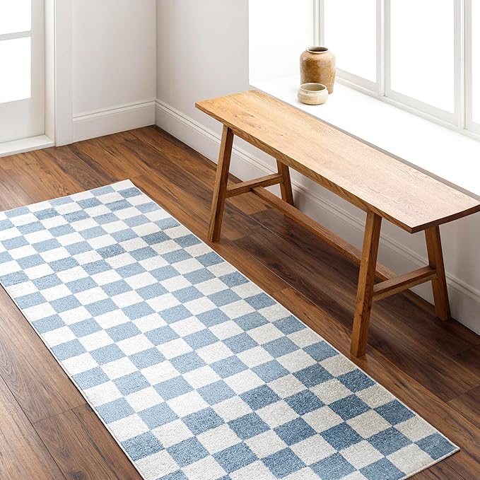 Mark&Day Washable Rugs, 3x7 Shaquina Modern Pale Blue Runner Checkered Rug, Blue Ivory Carpet for Hallway, Kitchen, Bedroom or Living Room (2'7" x 7'3" Runner, Machine Washable)