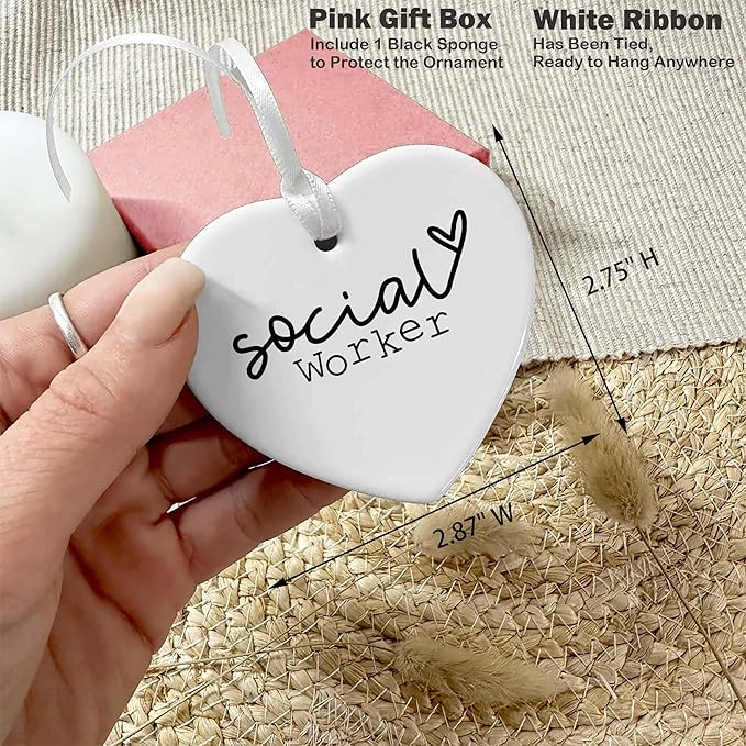 Heart Shaped Christmas Ornament-Social Worker Definition Gift-Funny Appreciation Birthday Retirement for Boss Coworker Teacher Office Ceramic Keepsake
