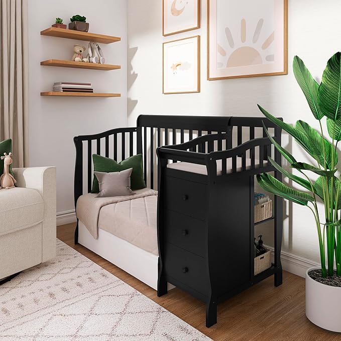 Dream On Me Jayden 4‑in‑1 Mini Convertible Baby Crib & Changer with Storage in Black, Pinewood, GreenGuard Gold & JPMA, 1” Mattress Pad, 3 Mattress Heights, Converts to Mini Day & Twin-Size Bed