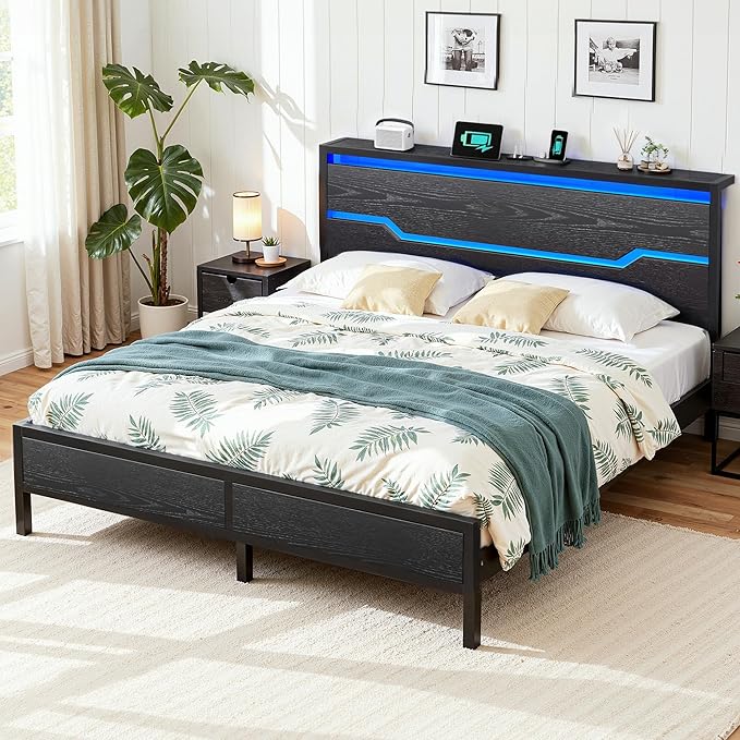 King Size Bed Frame with LED Lights & Charging Station, King Bed Frame and Headboard,13" Under Bed Storage, Noise-Free Heavy Duty Metal Support, Modern Black