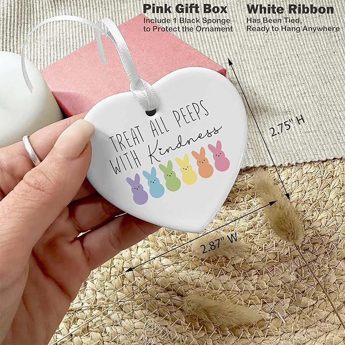 Heart Shaped Christmas Ornament-Reminder Gift-Easter Teacher Appreciation Treat All Peeps with Kindness Positive Motivational Decor Ornament Ceramic Keepsake with Gift Box