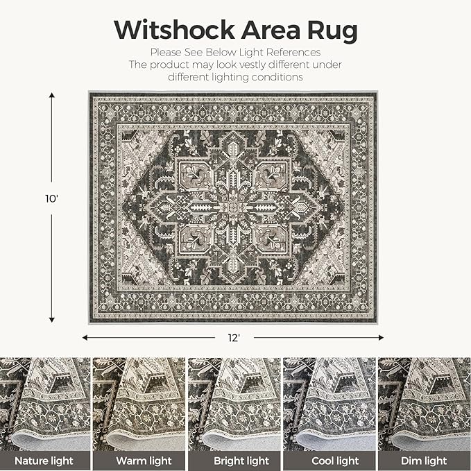 WITSHOCK Black 10x12 Large Living Room Rugs: Washable Modern Vintage Boho Soft Low Pile Stain Resistant Foldable Carpet for Bedroom Playroom Dining Room Office, Distressed Farmhouse Floral Home Decor