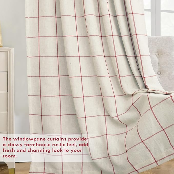 DriftAway 2 Panels 100% Blackout Windowpane Plaid Linen Curtains Double Layer Drapes for Bedroom 90 Inches Long Farmhouse Thermal Insulated 3.25 Inch Rod Pocket Back Tab for Living Room Red