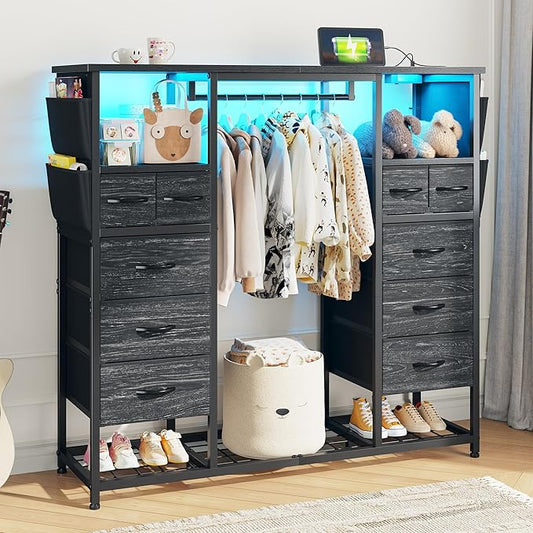 51.2" H Black Dresser with Hanging Rack, 10 Drawers Dresser for Bedroom, Fabric Chest of Drawers with LED Lights & Charging Station, Wooden Top & Sturdy Frame, Black