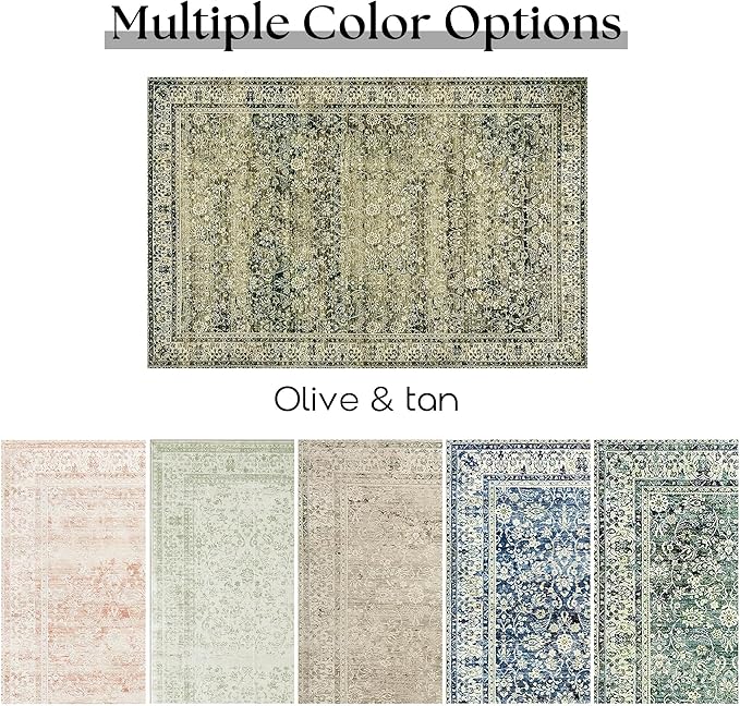 Olive and Tan Rug for Bedroom Neutral Boho Farmhouse Floral Washable Soft Faux Wool No Slip Area Rugs for Living Room Home Office,5x8